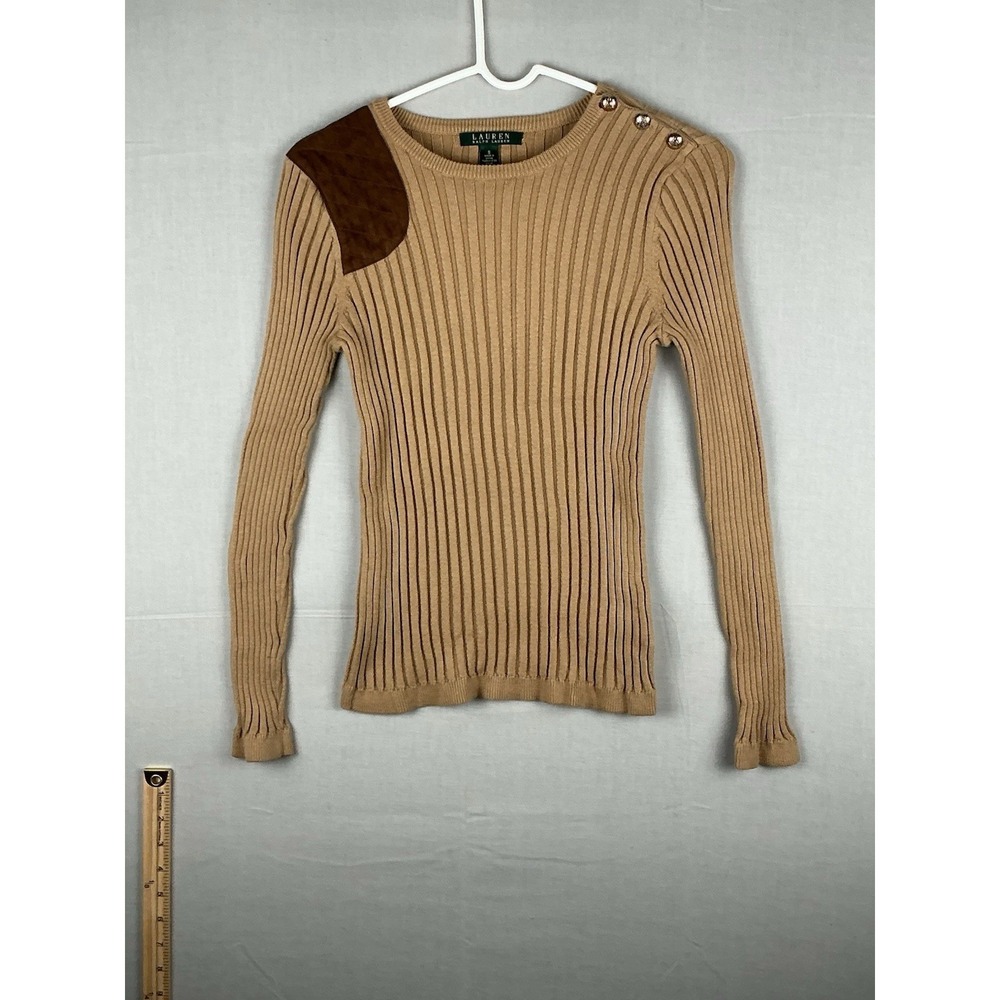 Lauren Ralph Lauren Ribbed Sweater Womens S Tan Button Shoulder Cotton